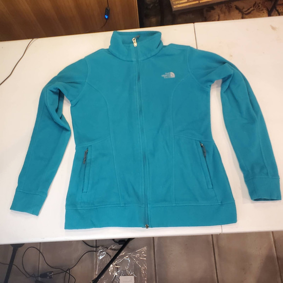 Women's North Face Full Zip Fleece L Blue Green Stitched Silver Logo - Picture 1 of 10